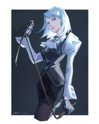 Rule 34 | 1girl, absurdres, ace attorney, ascot, blue hair, franziska von karma, gloves, highres, holding, holding weapon, holding whip, juliet sleeves, light blue hair, long sleeves, mole, mole under eye, pantyhose, puffy sleeves, short hair, solo, weapon, whip, wt2575