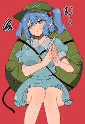 Rule 34 | 1girl, backpack, bag, blue eyes, blue hair, blue skirt, breasts, feet out of frame, flat cap, green hat, hair bobbles, hair ornament, hat, highres, kawashiro nitori, key, large breasts, own hands together, red background, shino8504, short sleeves, simple background, skirt, solo, squiggle, touhou, two side up