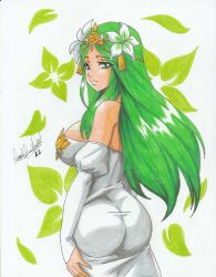 Rule 34 | 1girl, 2022, ass, ass focus, breasts, cleavage, commission, dress, fire emblem, fire emblem: three houses, flower, flower on head, green eyes, green hair, hand on own hip, highres, huge ass, jewelry, large breasts, leaf, leaf background, long hair, mature female, nintendo, ravernclouk design, rhea (fire emblem), sleeveless, sleeveless dress, solo, tight clothes, white dress
