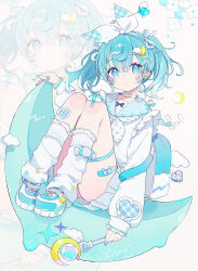 Rule 34 | 1girl, absurdres, aqua nails, backpack, bag, bandaid, bandaid on leg, blue eyes, blue hair, candy, choker, chon (chon33v), cloud hair ornament, commentary, crescent, crescent hair ornament, crescent moon, ear piercing, earrings, english commentary, flower, food, full body, gauze on knee, hair ornament, hair ribbon, highres, holding, holding wand, jewelry, knees up, legs together, long sleeves, looking at viewer, magical girl, medium hair, miniskirt, moon, nail polish, neckerchief, original, piercing, pleated skirt, ribbon, ring, shirt, shoes, signature, sitting, skirt, solo, star (symbol), thigh strap, twintails, ufo, wand, white background, white footwear, white leg warmers, white neckerchief, white shirt, zoom layer