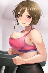 Rule 34 | 1girl, bare arms, black pants, blush, breasts, brown eyes, brown hair, cleavage, clenched hands, commentary request, exercising, gym-oneesan, hair over one eye, highres, igarashi kyouhei, indoors, large breasts, looking at viewer, motion blur, open mouth, original, pants, pink sports bra, running, short hair, smile, solo, sports bra, sportswear, sweat, teeth, treadmill, upper body, upper teeth only