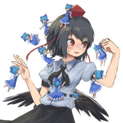 Rule 34 | 2girls, barefoot, black hair, blue eyes, blue hair, blush, cirno, closed eyes, collared shirt, dress, falling, female focus, grabbing another&#039;s hair, hat, highres, ice, ice wings, mini person, minigirl, multiple girls, multiple persona, neck ribbon, open mouth, red eyes, ribbon, roke (taikodon), shameimaru aya, shirt, short hair, simple background, sitting, sitting on head, sitting on person, skirt, sweatdrop, tokin hat, touhou, upper body, white background, wings