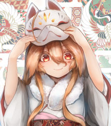 Rule 34 | 1girl, ahoge, blush, closed mouth, commentary request, fox mask, fur collar, hachachi, hair between eyes, head tilt, highres, holding, holding mask, indie virtual youtuber, japanese clothes, kimono, light brown hair, long hair, mask, unworn mask, obi, red eyes, sash, short sleeves, smile, solo, upper body, very long hair, virtual youtuber, white kimono, wide sleeves
