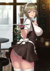 Rule 34 | 1girl, apron, ass, breasts, brown hair, clothes lift, elf, from behind, hair ornament, hair scrunchie, hand on own chest, houtengeki, huge ass, indoors, large breasts, leaning forward, long hair, maid headdress, miniskirt, original, panties, pantyshot, pointy ears, ponytail, purple eyes, scrunchie, skindentation, skirt, skirt lift, solo, source request, standing, thick thighs, thighhighs, thighs, tray, underbust, underwear, waist apron, waitress, white panties, white thighhighs, wrist cuffs