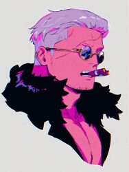 Rule 34 | 1boy, bara, cigar, facial hair, fur-trimmed jacket, fur trim, grey background, highres, jacket, kabane (rjev8385), looking at viewer, male focus, mature male, muscular, muscular male, one piece, pectoral cleavage, pectorals, portrait, purple eyes, round eyewear, scar, scar on face, short hair, sideburns, smoker (one piece), smoking, solo, sunglasses, white hair