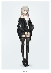 Rule 34 | 1girl, a-z b (neco), also sprach zarathustra (neco), belt, black footwear, black thighhighs, blunt bangs, border, earrings, grey background, grey hair, high heels, highres, jacket, jewelry, long hair, looking at viewer, neco, off shoulder, original, red eyes, ring, simple background, skirt, solo, standing, thighhighs, white border