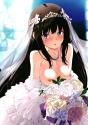 Rule 34 | 1girl, black hair, blush, bouquet, breasts, breasts out, bridal veil, dress, flower, inoue takina, izumi mahiru, jewelry, large breasts, long hair, looking at viewer, lycoris recoil, necklace, nipples, no bra, open mouth, purple eyes, solo, veil, wedding dress, white dress