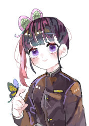 Rule 34 | 1girl, black hair, black jacket, blunt bangs, blush, bug, butterfly, butterfly hair ornament, butterfly on hand, chinese text, hair ornament, hanataro (sruvhqkehy1zied), insect, jacket, kimetsu no yaiba, long sleeves, purple eyes, simplified chinese text, smile, solo, tsuyuri kanao, white background