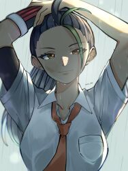 Rule 34 | 1girl, arms up, black hair, breast pocket, brown eyes, closed mouth, collaboration, collared shirt, commentary request, creatures (company), eyelashes, freckles, game freak, green eyes, grey background, highres, kana (kanna runa0620), looking at viewer, multicolored hair, necktie, nemona (pokemon), nintendo, orange necktie, outdoors, pocket, pokemon, pokemon sv, rain, shirt, smile, solo, star dr0p, twitter username, two-tone hair, upper body, wallpaper, wet, white shirt