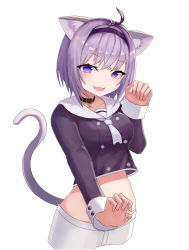 Rule 34 | 1girl, absurdres, animal ear fluff, animal ears, breasts, canon0317, cat ears, cat girl, cropped legs, highres, hololive, looking to the side, medium breasts, nekomata okayu, nekomata okayu (casual), open hand, open mouth, purple eyes, purple hair, sailor collar, shorts, simple background, smile, solo, virtual youtuber, white background, white shorts