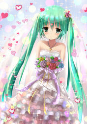 Rule 34 | 1girl, bad id, bad pixiv id, blush, bouquet, dress, flower, green eyes, green hair, hatsune miku, heart, jewelry, long hair, matching hair/eyes, necklace, smile, solo, strapless, strapless dress, suzuame yatsumi, twintails, veil, very long hair, vocaloid, wedding dress
