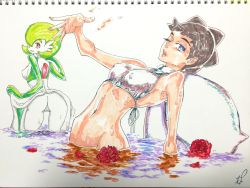 Rule 34 | 2girls, absurdres, arched back, arm up, artist name, ass, bare shoulders, bikini, blue eyes, breasts, brown hair, colored skin, covered erect nipples, creatures (company), diantha (pokemon), female focus, fingernails, flower, from behind, game freak, gardevoir, gen 3 pokemon, green hair, green skin, hair over one eye, half-closed eye, highres, leaning back, looking at viewer, looking back, multicolored skin, multiple girls, navel, nintendo, no nipples, no pussy, one eye closed, open mouth, partially submerged, pokemon, pokemon (creature), pokemon xy, red eyes, red flower, red rose, rose, shiny skin, short hair, signature, simple background, small breasts, standing, swimsuit, teeth, traditional media, two-tone skin, wading, water, wet, white background, white bikini, white skin, wink, yuumikuchi