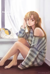 Rule 34 | 10s, 1girl, asuna (sao), barefoot, brown eyes, brown hair, cat, lips, long hair, long legs, striped clothes, striped sweater, sweater, sword art online, tienao