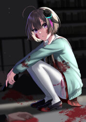 Rule 34 | 1girl, 1other, absurdres, blood, blood on clothes, blood on face, brown hair, corpse, flower, flower hairband, gun, hairband, heaven burns red, highres, holding, holding gun, holding weapon, loafers, long sleeves, looking at viewer, minase sumomo, neckerchief, nil (pixiv 53614557), pantyhose, parted lips, plaid, plaid skirt, purple eyes, sailor collar, shoes, short hair, skirt, solo focus, squatting, weapon