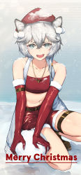 Rule 34 | 1girl, :d, absurdres, alternate costume, animal ears, arknights, bare shoulders, christmas, cliffheart (arknights), collarbone, elbow gloves, fur-trimmed gloves, fur-trimmed shorts, fur trim, gloves, green eyes, highres, holding, jewelry, leopard ears, looking at viewer, merry christmas, midriff, navel, necklace, on one knee, open clothes, open mouth, red gloves, red headwear, red shorts, short hair, shorts, silver hair, sleeveless, smile, snow, snowball, solo, strapless, thigh strap, tube top, v-shaped eyebrows, vchan