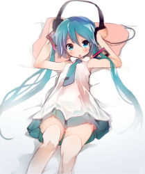 Rule 34 | 1girl, aqua eyes, aqua hair, blush, hands on headphones, hatsune miku, headphones, headphones removed, highres, hiyo kotori, long hair, looking at viewer, lying, necktie, on back, open mouth, pillow, skirt, solo, thighhighs, twintails, very long hair, vocaloid, white thighhighs
