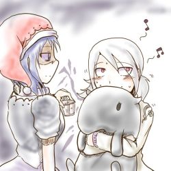 Rule 34 | 2girls, baku (creature), beamed quavers, blue hair, blush, commentary request, doremy sweet, hat, hisan, hug, kishin sagume, multiple girls, musical note, pom pom (clothes), quaver, red eyes, shaded face, touhou, white hair