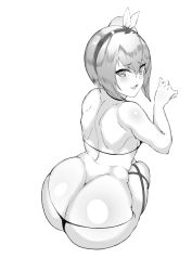 Rule 34 | 1girl, ass, back, bikini, blush, butt crack, edna (tales), hairband, highres, huge ass, looking at viewer, monochrome, nonaridoku, short hair, sitting, smile, solo, swimsuit, tales of (series), tales of zestiria, thong, white background