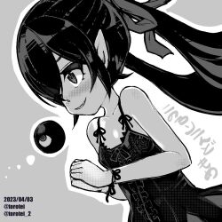 Rule 34 | 1girl, artist name, backbeako (torotei), backbeard, blush, commentary request, dated, dress, from side, gegege no kitarou, grey background, hair over one eye, hair ribbon, kono lolicon domome, long hair, monochrome, nightgown, one eye closed, original, own hands together, parted lips, pointy ears, ribbon, simple background, sleeveless, sleeveless dress, smile, solo, torotei, translated, twintails, twitter username, upper body, wrist ribbon