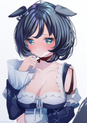 Rule 34 | 1girl, animal ears, black choker, black dress, black hair, blue eyes, blush, bob cut, breasts, choker, closed mouth, clothing cutout, commentary, dress, eishin flash (umamusume), frilled sleeves, frills, frown, gogat8, hand in own hair, horse ears, horse girl, long sleeves, looking at viewer, medium breasts, short hair, shoulder cutout, simple background, solo, twitter username, umamusume, upper body, white background