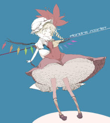 Rule 34 | 1girl, ascot, back bow, blonde hair, blue background, bow, breasts, brown footwear, character name, drill hair, flandre scarlet, frilled shirt collar, frilled sleeves, frills, full body, hat, large bow, limited palette, mary janes, medium hair, mob cap, multicolored wings, one side up, orange socks, petticoat, pigeon-toed, pink skirt, puffy short sleeves, puffy sleeves, red ribbon, red vest, ribbon, ribbon-trimmed headwear, ribbon-trimmed sleeves, ribbon trim, shirt, shoes, shoochuu, short sleeves, simple background, skirt, small breasts, socks, solo, striped clothes, striped socks, touhou, vest, white bow, white hat, white shirt, wings, wrist ribbon, yellow ascot, yellow socks