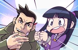 Rule 34 | 1boy, 1girl, ace attorney, arrest, black hair, brown hair, candybag, candybaggins, coat, cuffs, dick gumshoe, jacket, jewelry, long hair, luluco, maya fey, md5 mismatch, moon, open mouth, over justice, parody, season connection, shackles, short hair, smile, style parody, surprised, trench coat, uchuu patrol luluco