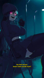 Rule 34 | 1girl, :d, absurdres, beach, black gloves, black hair, black thighhighs, breasts, chair, cigarette, english text, facial hair, folding chair, gloves, glowing, glowing eyes, hair between eyes, highres, lamppost, large breasts, lewdicy, long hair, looking at viewer, midriff, nose piercing, nose ring, open mouth, original, piercing, pleated skirt, purple eyes, sitting, skirt, smile, smoke, solo, subtitled, sweater, teeth, thighhighs, turtleneck, turtleneck sweater