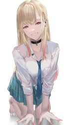 Rule 34 | 1girl, all fours, blazpu, blonde hair, blush, breasts, choker, collarbone, collared shirt, dress shirt, earrings, female focus, fingernails, green skirt, grin, highres, jewelry, kitagawa marin, large breasts, long fingernails, long hair, long sleeves, looking at viewer, nail polish, necktie, pink nails, red eyes, shirt, simple background, skirt, smile, solo, sono bisque doll wa koi wo suru, white shirt