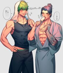 Rule 34 | 2boys, arm tattoo, bara, black hair, black pants, black tank top, blush, brothers, chest tattoo, food, genji (overwatch), green hair, grey kimono, hair bun, hanzo (overwatch), holding, holding food, holding popsicle, japanese clothes, kimono, large pectorals, looking at another, male focus, multiple boys, muscular, muscular male, nkraae, open mouth, overwatch, overwatch 2, pants, pectorals, popsicle, short hair, siblings, simple background, smile, tank top, tattoo, tongue, tongue out, towel, towel on head, translation request