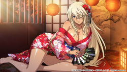 Rule 34 | 1girl, alternate costume, bare legs, barefoot, breasts, brown eyes, cleavage, closed mouth, collarbone, flower, hair flower, hair ornament, hair over one eye, hairpin, highres, ikkitousen, indoors, japanese clothes, kimono, large breasts, long hair, looking at viewer, musashibou benkei (ikkitousen), official art, open clothes, open kimono, panties, print kimono, print panties, red flower, shiny skin, sitting, smile, solo, underwear, very long hair, white hair