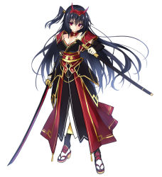 Rule 34 | 1girl, armor, black hair, breasts, cleavage, detached collar, fake horns, faulds, full body, hayakawa harui, headgear, horned headwear, horns, japanese clothes, katana, layered clothes, long hair, red eyes, side ponytail, simple background, solo, standing, sword, tabi, very long hair, weapon, white background