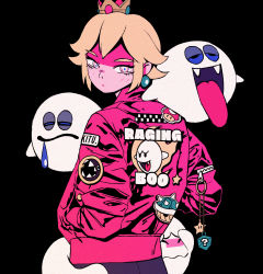 Rule 34 | 1girl, 3others, alternate costume, alternate hair length, alternate hairstyle, arkestar, black background, blonde hair, boo (mario), chain chomp, crown, earrings, fangs, from behind, hands in pockets, highres, jacket, jewelry, looking back, mario (series), multiple others, nintendo, open mouth, pink jacket, princess peach, short hair, simple background, smile, spiked shell, star (symbol), super mushroom, tongue, tongue out, white eyes, zipper, zipper pull tab