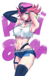 Rule 34 | 1girl, arms up, black choker, blue eyes, breasts, choker, crop top, crop top overhang, elbow gloves, exposed pocket, final fight, gloves, hat, highres, hugo andore, looking at viewer, medium breasts, navel, peaked cap, pink hair, pink hat, poison (final fight), short hair, short shorts, shorts, single elbow glove, single thighhigh, sketch, solo, street fighter, street fighter v, tetsu (kimuchi), thighhighs, toned