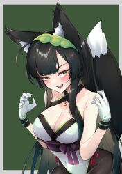 Rule 34 | 1girl, animal ears, bare shoulders, black hair, breasts, cleavage, fang, gloves, hair ornament, highres, kemonomimi mode, long hair, medium breasts, open mouth, purple ribbon, ribbon, solo, tail, touhoku zunko, voiceroid, white gloves, yellow eyes, zooanime