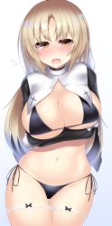 Rule 34 | 1girl, arm under breasts, bikini, black bikini, blonde hair, blush, breasts, cowboy shot, cross, crossed arms, curvy, flying sweatdrops, gloves, gradient background, highres, kutan, large breasts, long hair, long sleeves, looking at viewer, micro bikini, navel, nijisanji, nose blush, nun, open mouth, parted bangs, shrug (clothing), side-tie bikini bottom, sister claire, sister claire (1st costume), solo, swimsuit, thigh strap, virtual youtuber, white gloves, yellow eyes