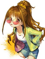 Rule 34 | 1girl, :p, brown hair, female focus, hands in pockets, highres, hino akane (idolmaster), hyang seol, idolmaster, idolmaster cinderella girls, jacket, ponytail, round eyewear, signature, solo, tongue, tongue out