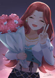 Rule 34 | absurdres, asahina akane (3rd costume) (nijisanji), asahina akane (nijisanji), bead bracelet, beads, black skirt, blue shirt, bouquet, bracelet, breasts, chain necklace, closed eyes, crop top, earrings, evening, fangs, flower, highres, jacket, jewelry, long sleeves, medium breasts, midriff, necklace, nijisanji, official alternate costume, open mouth, parted bangs, pearl earrings, pink flower, puffy long sleeves, puffy sleeves, red hair, ring, shiinochi, shirt, signature, skirt, smile, star (sky), suspender skirt, suspenders, tearing up, upper body, virtual youtuber, white jacket