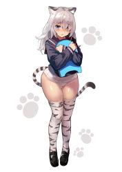 Rule 34 | 1girl, animal ear fluff, animal ears, black footwear, blue eyes, blue serafuku, blush, commentary request, full body, gluteal fold, hair between eyes, highres, jacket, kekemotsu, kickboard, loafers, long hair, long sleeves, looking at viewer, one-piece swimsuit, open mouth, original, sailor collar, school swimsuit, school uniform, serafuku, shirt, shoes, silver hair, simple background, solo, standing, striped tail, swimsuit, swimsuit under clothes, tail, thigh gap, thighhighs, tiger ears, tiger girl, tiger stripes, tiger tail, white background, white one-piece swimsuit