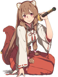 Rule 34 | 1girl, animal ears, brown hair, chiharu (9654784), closed mouth, commentary request, full body, hakama, hakama skirt, highres, holding, holding sword, holding weapon, japanese clothes, katana, kimono, long hair, long sleeves, looking at viewer, miko, pillow, raccoon ears, raccoon girl, raccoon tail, raphtalia, red hakama, red ribbon, revision, ribbon, ribbon-trimmed sleeves, ribbon trim, seiza, simple background, sitting, skirt, smile, solo, sword, tail, tassel, tate no yuusha no nariagari, very long hair, weapon, white background, white kimono, wide sleeves