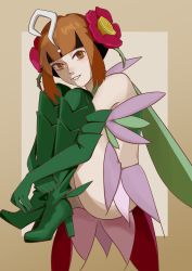 Rule 34 | absurdres, black hair, boots, cosplay, creatures (company), elbow gloves, flower, flower on head, game freak, gardenia (pokemon), gloves, high heel boots, high heels, highres, knees up, manami (shugo chara!), manami (shugo chara!) (cosplay), multicolored hair, nintendo, orange eyes, orange hair, parted lips, pokemon, pokemon dppt, short hair, shugo chara!, smile, thigh boots, thighhighs, two-tone hair
