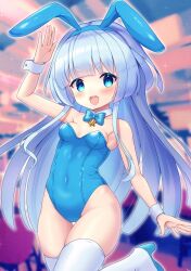 Rule 34 | 1girl, alternate costume, animal ears, arm up, blue eyes, blue hair, blurry, blurry background, blush, breasts, character request, collarbone, commentary request, fake animal ears, flower knight girl, highres, konyamo c, leg up, looking at viewer, open mouth, rabbit ears, ribbon, salute, small breasts, solo, thighhighs, thighs