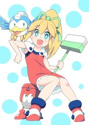 Rule 34 | 1girl, :d, bare arms, blonde hair, blue eyes, broom, character request, commentary request, dress, fujishiro nekomata, green ribbon, hair ribbon, high ponytail, highres, holding, holding broom, long hair, mega man (classic), mega man (series), open mouth, ponytail, red dress, red footwear, ribbon, robot, roll (mega man), shoes, sleeveless, sleeveless dress, smile