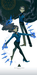 Rule 34 | 1boy, 1girl, artist name, black gloves, black hair, black pants, black ribbon, black shirt, blue eyes, blue vest, breasts, brooch, brother and sister, brown hair, cape, collared shirt, dark persona, dipper gleeful, dress shirt, facial mark, floating hair, forehead mark, gem, gloves, gradient background, gravity falls, hairband, high heels, highres, jacket, jewelry, knife, long hair, long sleeves, looking at viewer, mabel gleeful, magic, magic circle, medium breasts, neck ribbon, outstretched arm, outstretched arms, pants, pantyhose, pendant, ribbon, shirt, siblings, smile, spread arms, standing, star (symbol), tears, throwing knife, tight clothes, triangle, twins, twohairs, vest, walking, wavy hair, weapon, white background, will cipher