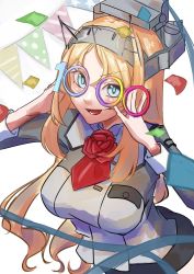 Rule 34 | 1girl, ascot, blonde hair, blue eyes, breasts, novelty glasses, flower, headgear, highres, kantai collection, large breasts, lensless glasses, long sleeves, milestone celebration, military, military uniform, nelson (kancolle), panda (heart sink), red ascot, red flower, red rose, rose, simple background, solo, string of flags, uniform, upper body, white background