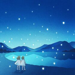 Rule 34 | 2girls, bare arms, bare shoulders, blonde hair, blue sky, blue theme, child, commentary request, dress, facing away, gradient sky, grass, highres, holding hands, lake, light particles, medium hair, mountain, multiple girls, nahara saki, night, on grass, original, outdoors, plant, purple sky, reflection, siblings, sisters, sky, sleeveless, sleeveless dress, smile, standing, water, white dress, wide shot