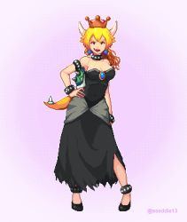 Rule 34 | 1girl, anklet, armlet, bad id, bad twitter id, bare shoulders, black dress, black footwear, blonde hair, bowsette, bracelet, breasts, cleavage, collar, commentary, contrapposto, covered navel, crown, dress, earrings, english commentary, fang, full body, high heels, jewelry, mario (series), medium breasts, new super mario bros. u deluxe, nintendo, pixel art, pumps, red eyes, solo, spiked anklet, spiked armlet, spiked bracelet, spiked collar, spiked shell, spiked tail, spikes, sseddie13, strapless, strapless dress, super crown, tail, turtle shell, twitter username