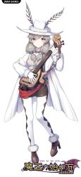 Rule 34 | 1girl, dmm, full body, gloves, grey eyes, grey hair, hat, hat feather, high heels, holding, holding instrument, instrument, jacket, long sleeves, looking at viewer, maou no hajimekata (dmm), official art, simple background, solo, soriya, straight-on, tachi-e, watermark, white gloves, white hat, white jacket, white legwear