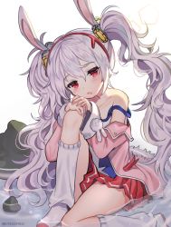 Rule 34 | 1girl, azur lane, bad id, bad pixiv id, bare shoulders, blush, collarbone, commentary, hair ornament, hairband, jacket, knee up, laffey (azur lane), lerome, long hair, looking at viewer, open mouth, pink jacket, pleated skirt, red eyes, silver hair, sitting, skirt, solo, strap slip, twintails, very long hair