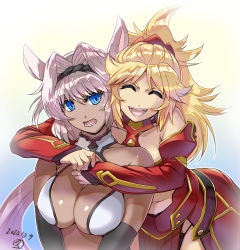 Rule 34 | 2girls, ^ ^, animal ears, bandeau, blonde hair, blue eyes, breasts, caenis (fate), cleavage, closed eyes, commentary request, dark-skinned female, dark skin, dated, detached sleeves, elbow gloves, fate/grand order, fate (series), gloves, gradient background, hair intakes, hair ornament, hair scrunchie, headband, hisahiko, hug, large breasts, mordred (fate), mordred (fate/apocrypha), multiple girls, open mouth, ponytail, red scrunchie, scrunchie, signature, smile, sweatdrop, white hair