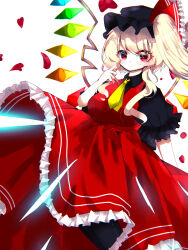 Rule 34 | alternate headwear, black headwear, black pantyhose, black shirt, blonde hair, breasts, closed mouth, danmaku, feet out of frame, flandre scarlet, frilled skirt, frilled sleeves, frills, highres, light smile, long hair, long skirt, looking at viewer, medium breasts, multicolored wings, necktie, one side up, pantyhose, petals, puffy short sleeves, puffy sleeves, rainbow order, red eyes, red skirt, red vest, rose petals, shirt, short sleeves, skirt, touhou, user jwtz7387, vest, white background, wings, yellow necktie